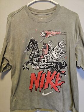 Nike Olive Green Tee with Red Graphic Pegasus and Drip Logo